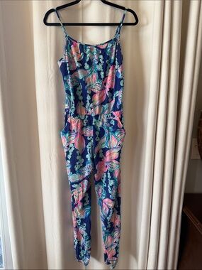 Lilly Pulitzer Navy Tropical Print Spaghetti-Strap Jumpsuit for Girls